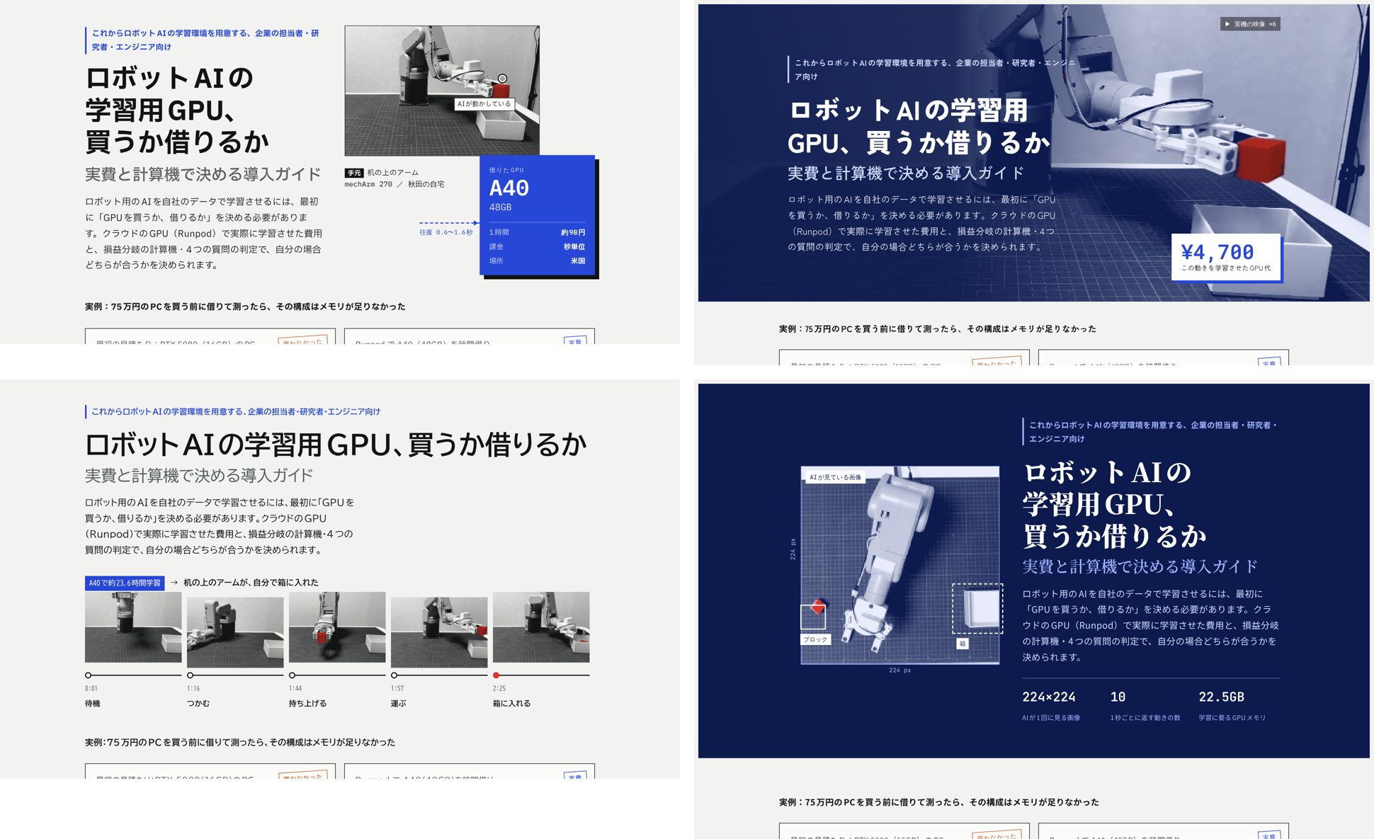 最初の画面の4案。主役にするものを、図・数字・時間軸・AIの見ている画像で分けた
