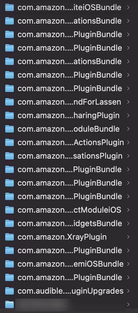 eBooks フォルダの下のほう。com.amazon と com.audible で始まるアプリの部品のフォルダが並び、最後に本のフォルダ（ぼかしている）が続く