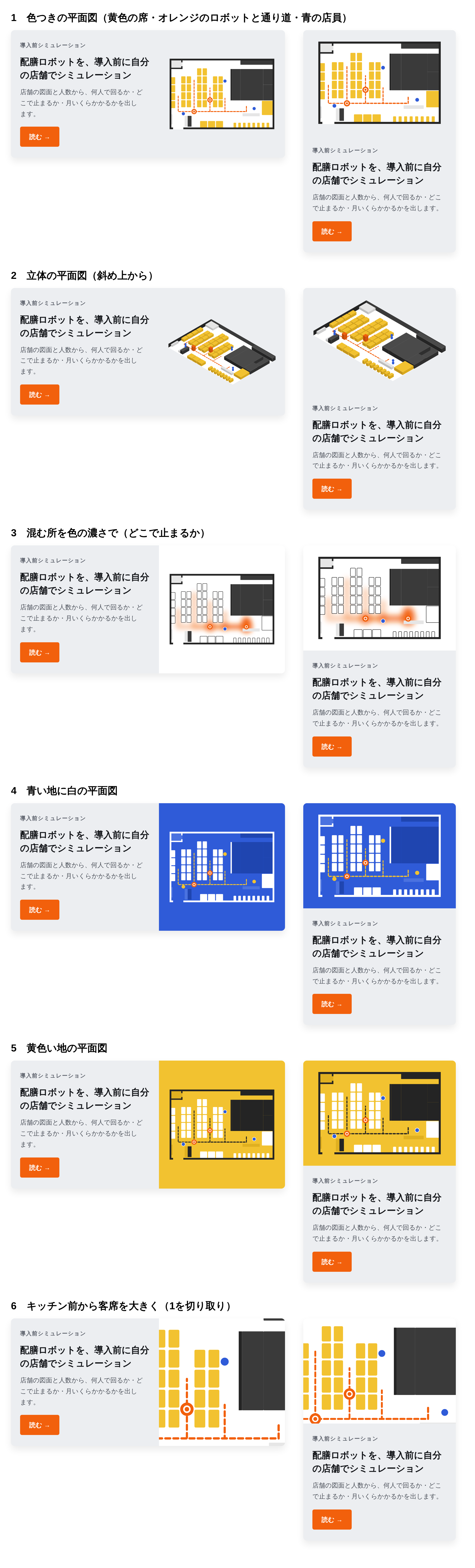 新しく作った絵の案1〜6。色つきの平面図、立体の絵、混む所を色の濃さで見せた図、青い地、黄色い地、一部を大きく切り取った図