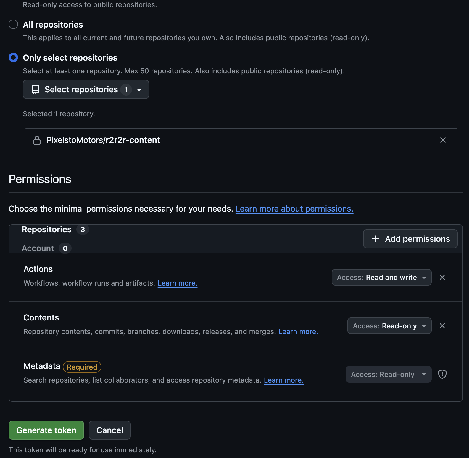 GitHub の fine-grained token を作る画面。リポジトリは r2r2r-content だけ、権限は Actions が読み書き、Contents と Metadata が読み取りだけ