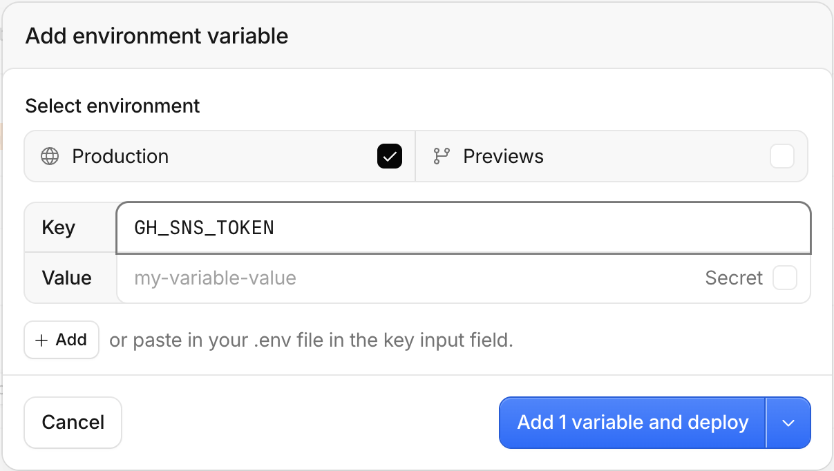 Cloudflare の Worker「p2m-site」に、秘密の値 GH_SNS_TOKEN を足す画面（値を入れる前）
