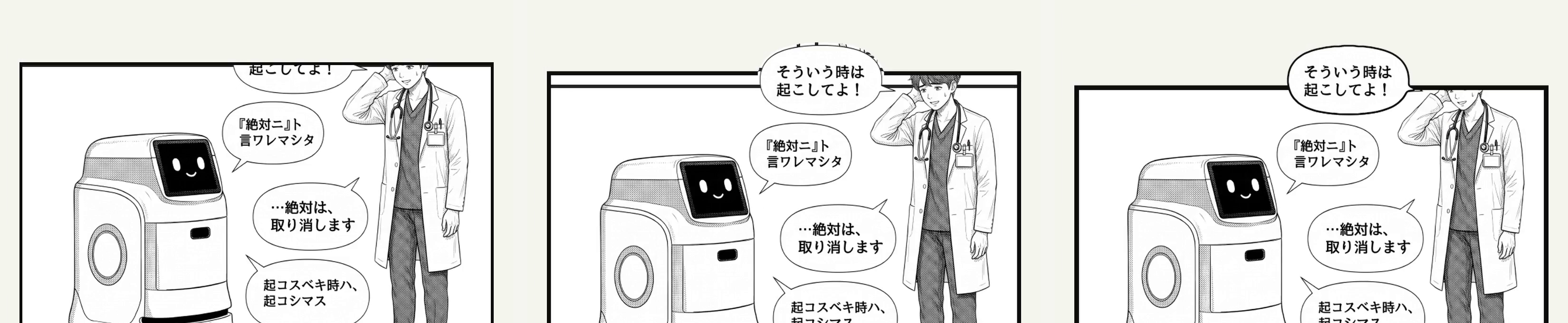 第98話の同じ場面を3つ並べたもの。左は四角で切ったため吹き出しの上が切れている。真ん中は吹き出しを重ねたが、ふちに絵の切れ端が付き、枠の線が2本ある。右はふちを描き直し、枠を1本にした最終版