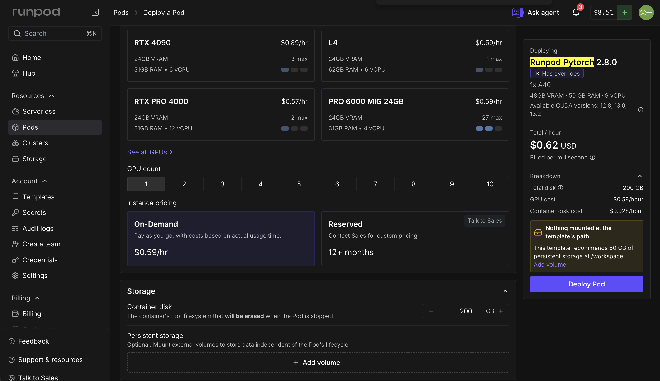 同じ画面の下側。On-Demand の料金 0.59 ドル／時と、Container disk を 200GB にした設定