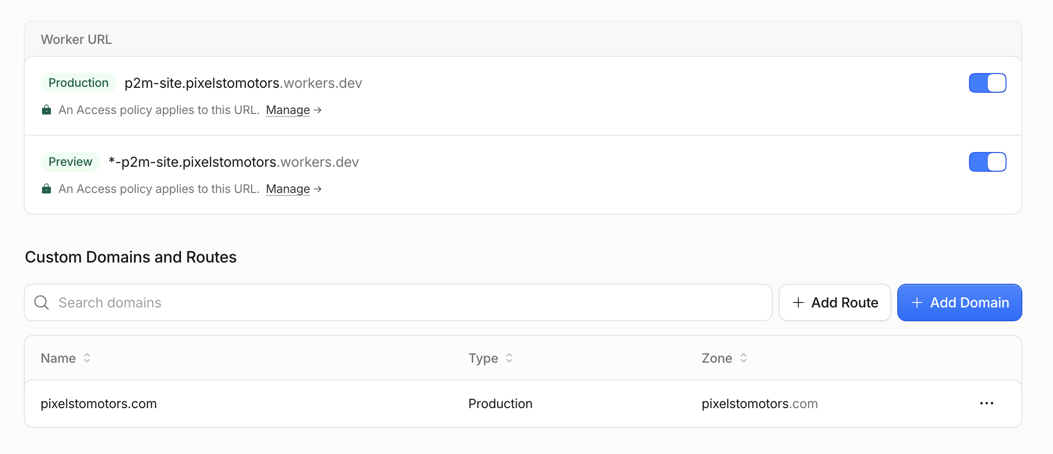 Studio を閉じて、旧 URL は Cloudflare で転送する ― 公開・通知メール・DNS 移行・LOG への改番を1日で|Access の範囲を「All traffic」から「Previews only」にして、pixelstomotors.com を公開した