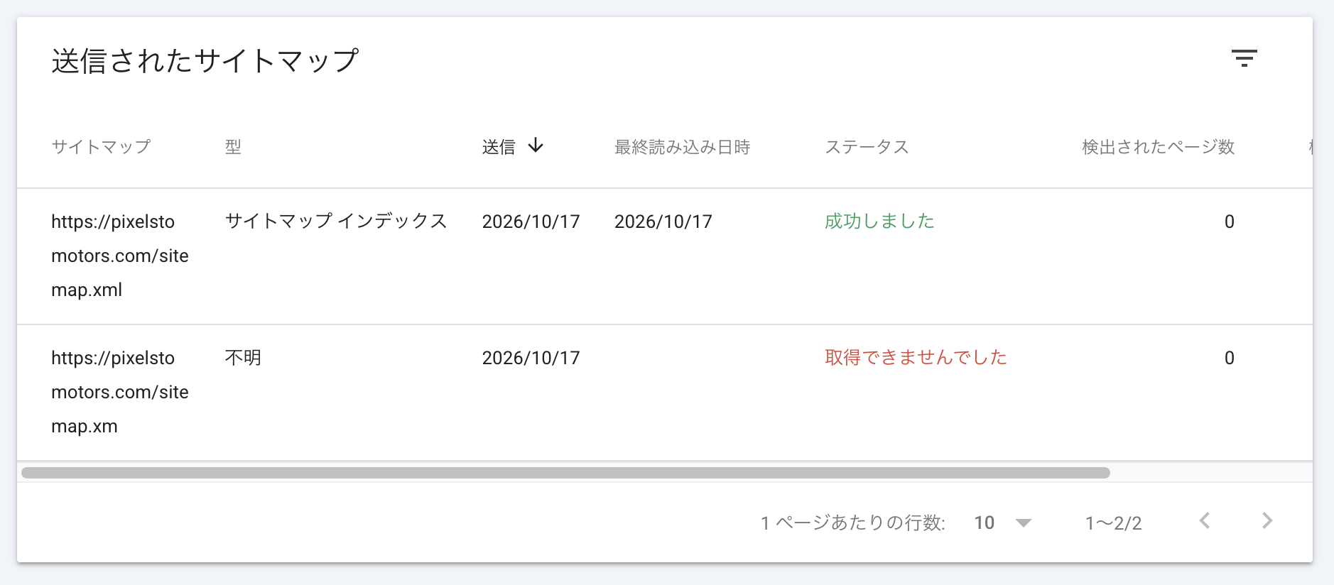 sitemap.xml の行がサイトマップ インデックスとして「成功しました」、その下に誤って送った sitemap.xm の行が残っている