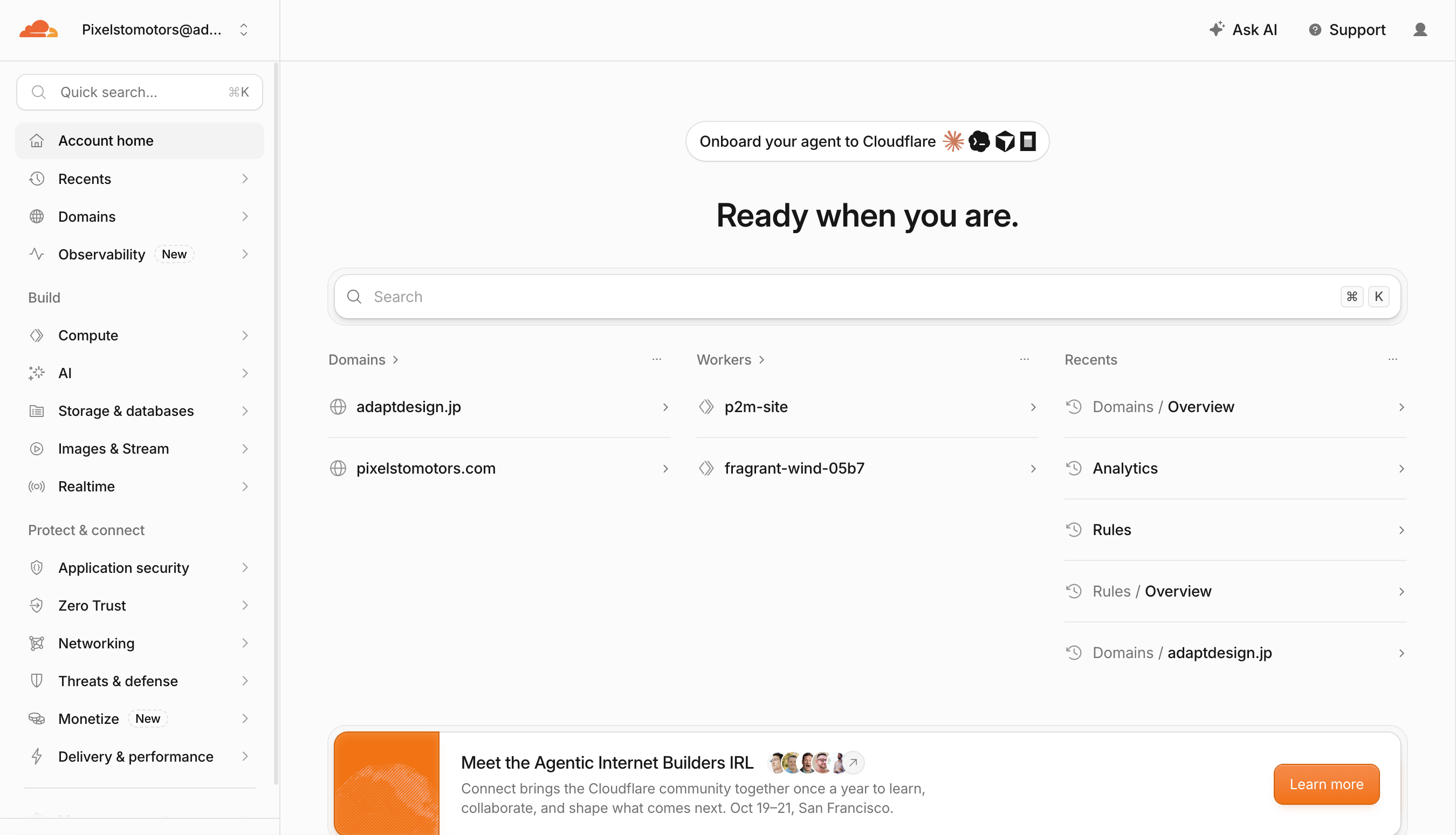 Cloudflare の管理画面のホーム。左のメニューに Observability があり、Domains に adaptdesign.jp と pixelstomotors.com、Workers に p2m-site が並ぶ