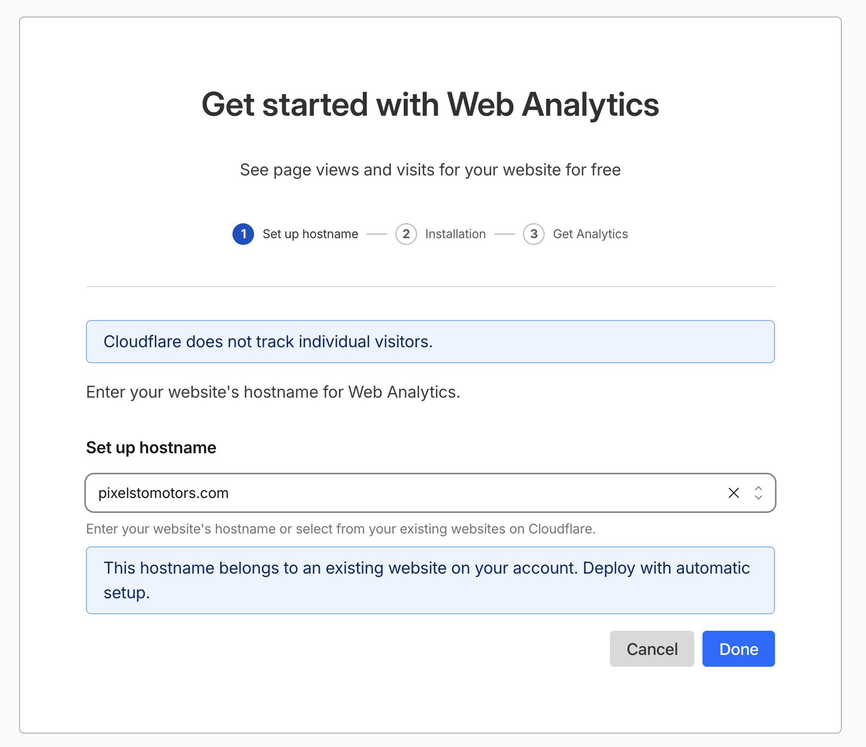 Web Analytics の開始画面。ホスト名に pixelstomotors.com が入り、既存のサイトなので自動設定で入れられると表示されている