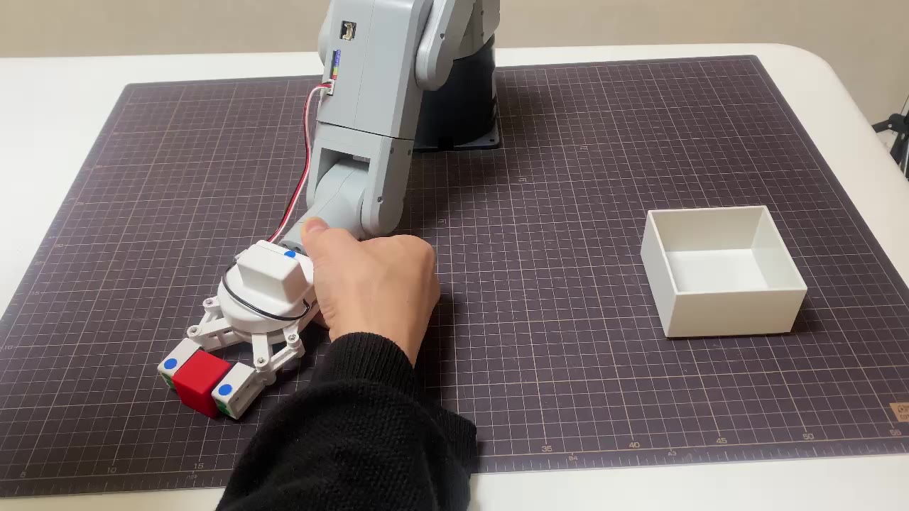 別の回に手で教えているところ(IMG_4134 の36秒)。右手で手首のあたりを持ち、2本の爪の間に赤いブロックが入っている
