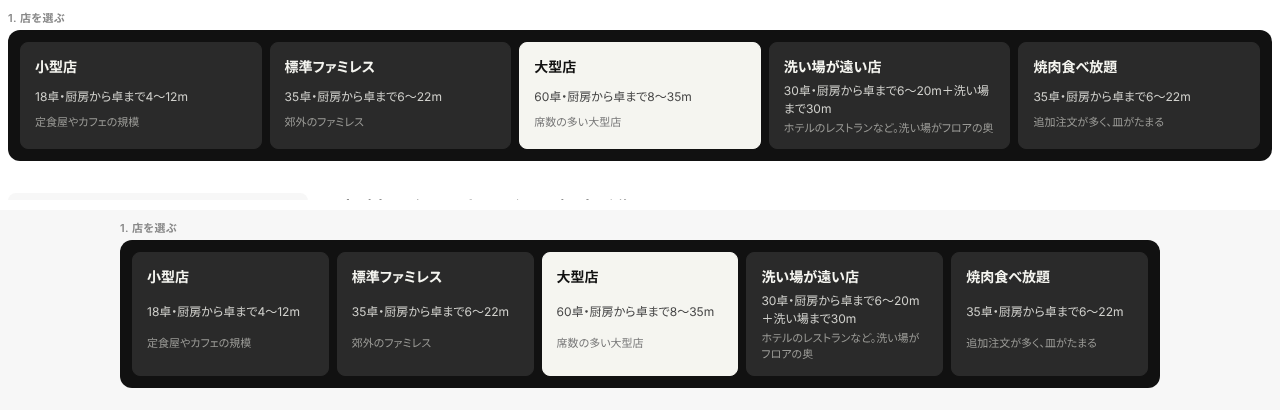A を入れたあとの店を選ぶ欄。上がシリーズのページにはめ込んだ見た目、下が全画面で開いた見た目。どちらも大型店だけが白い