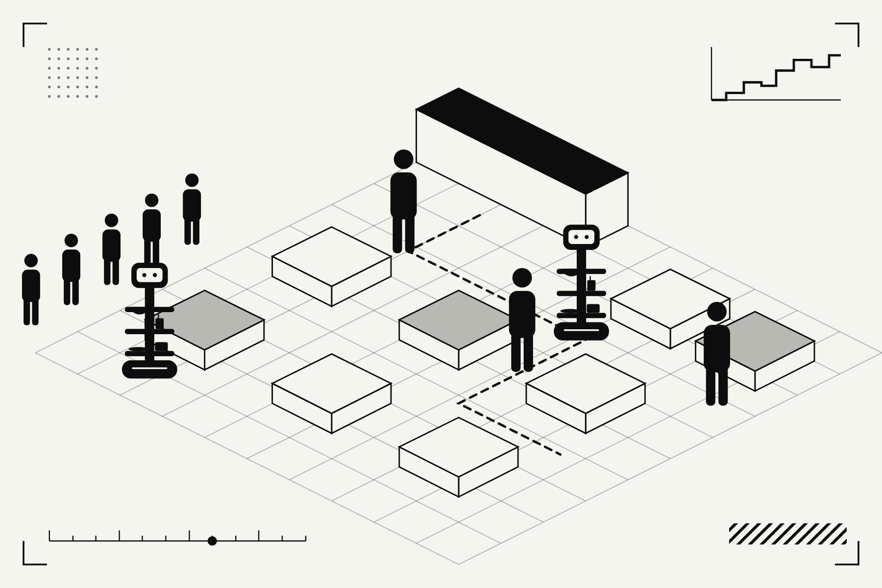 トップページに入れたカード。線だけで描いた店の床に、配膳ロボット2台、スタッフ3人、入口の外に並ぶ5人、周りに文字のない装飾