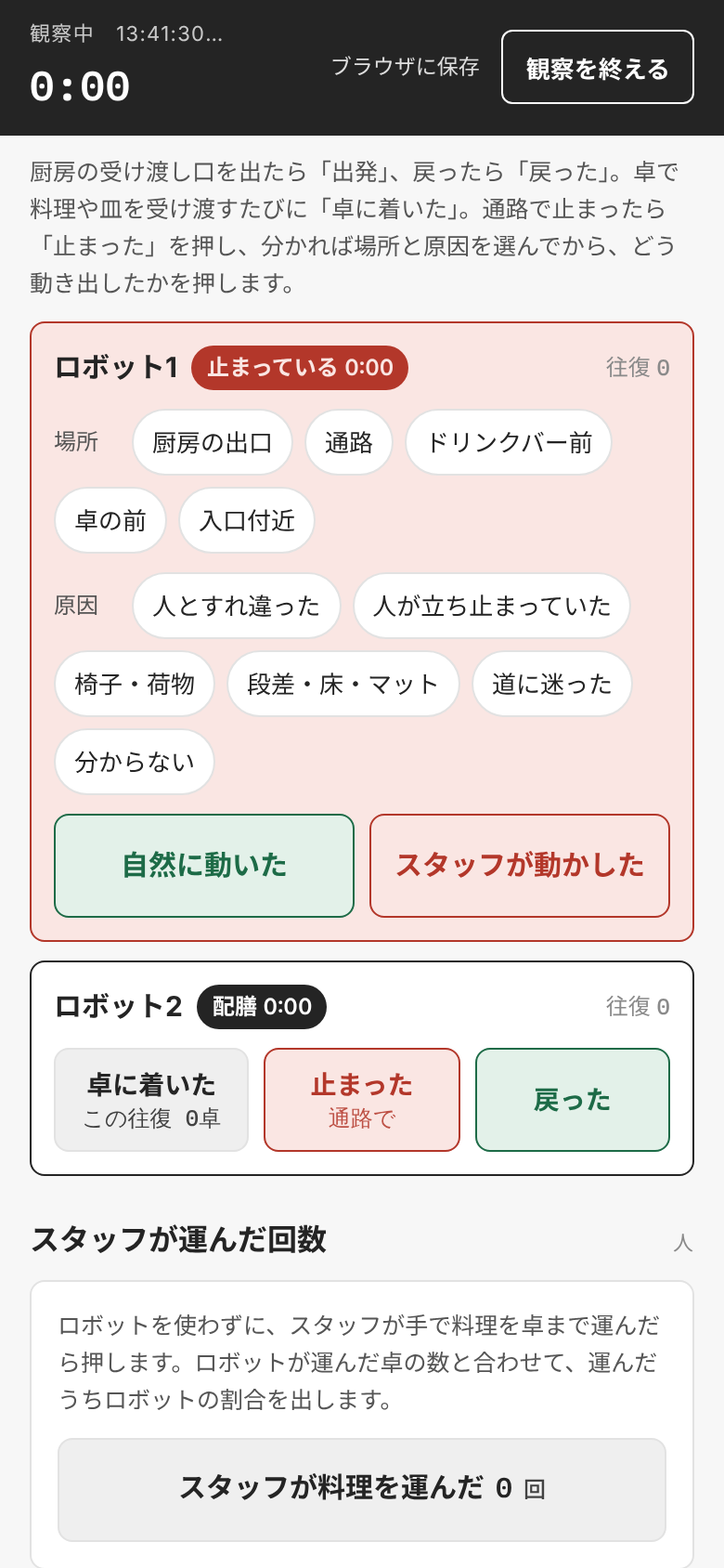 観察シートのロボットのカード。ロボット1は止まっていて赤くなり、場所と原因を選ぶボタンが出ている。ロボット2は配膳中で、卓に着いた・止まった・戻ったのボタンが並ぶ(試しに押した記録)