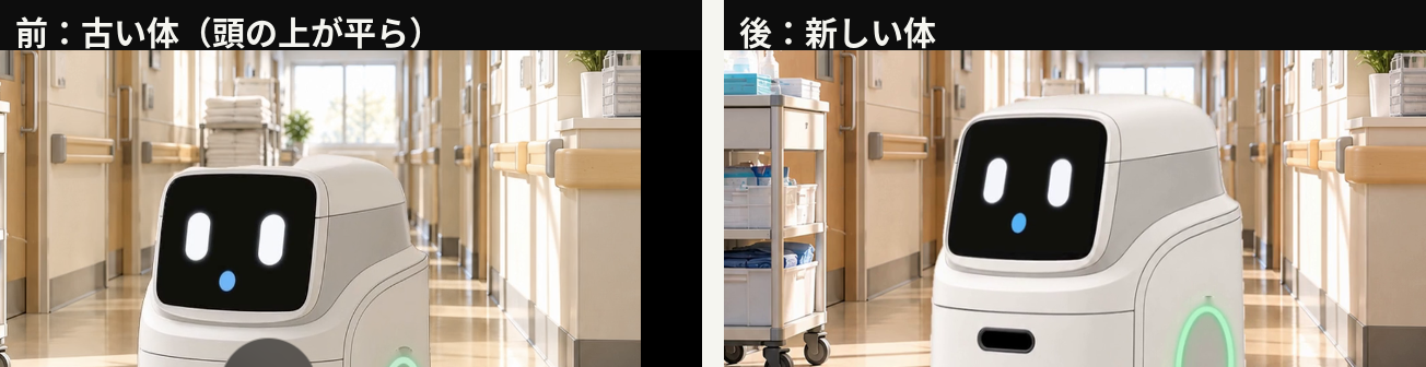 頭の前後。左は古い体で、頭の上が平らに切れている。右は新しい体で、頭の上まで丸く残っている