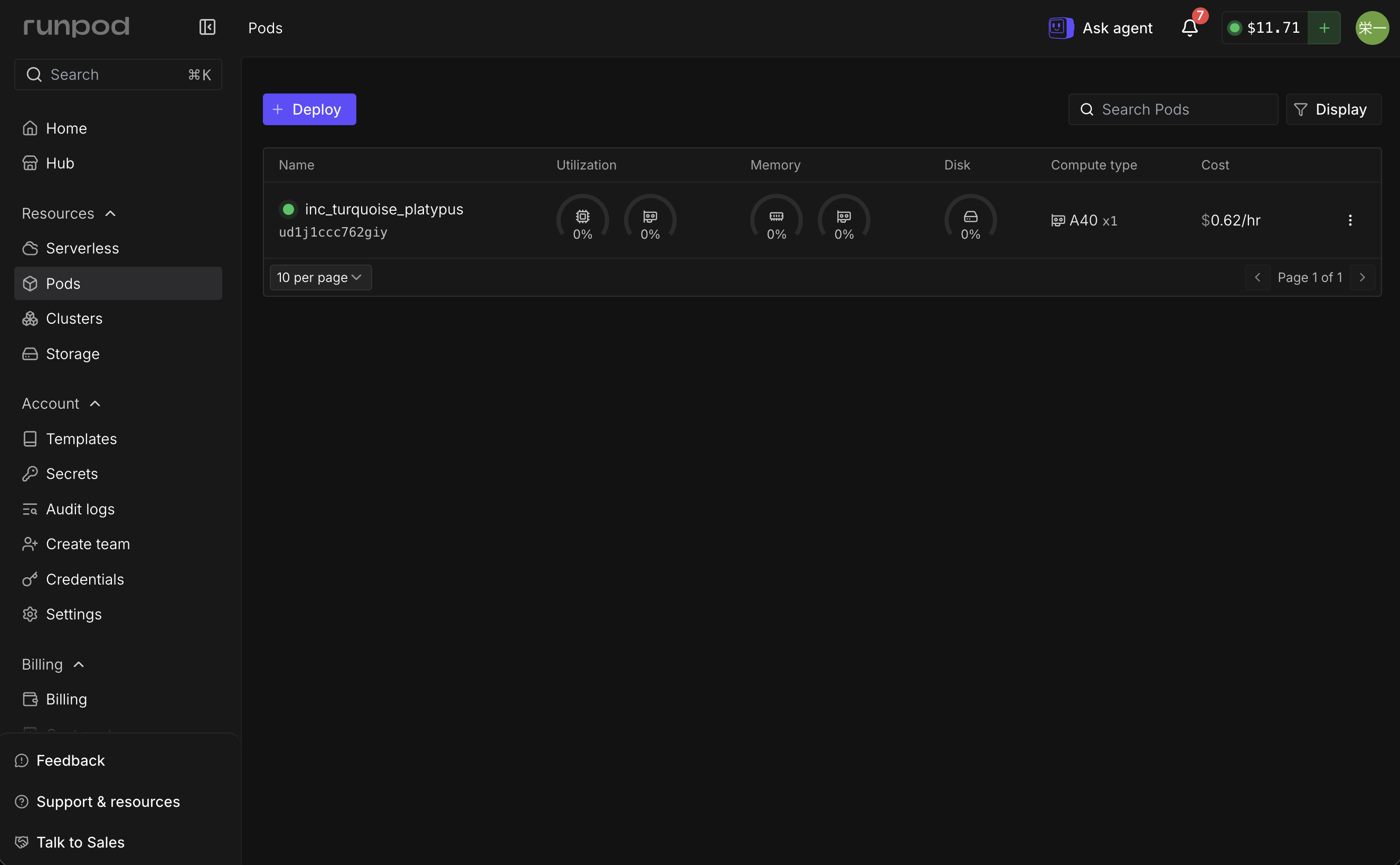 Pods の画面。inc_turquoise_platypus が緑の印で動いている。A40 x1、1時間 0.62 ドル