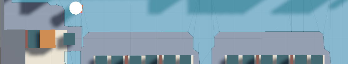 細い通路の画面。NavMesh の水色が、通路の真ん中に細い帯としてしか出ていない