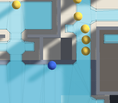 レジのまわりの画面。店員側の白い床に NavMesh の水色がなく、スタッフ(青)が入口の手前で止まっている