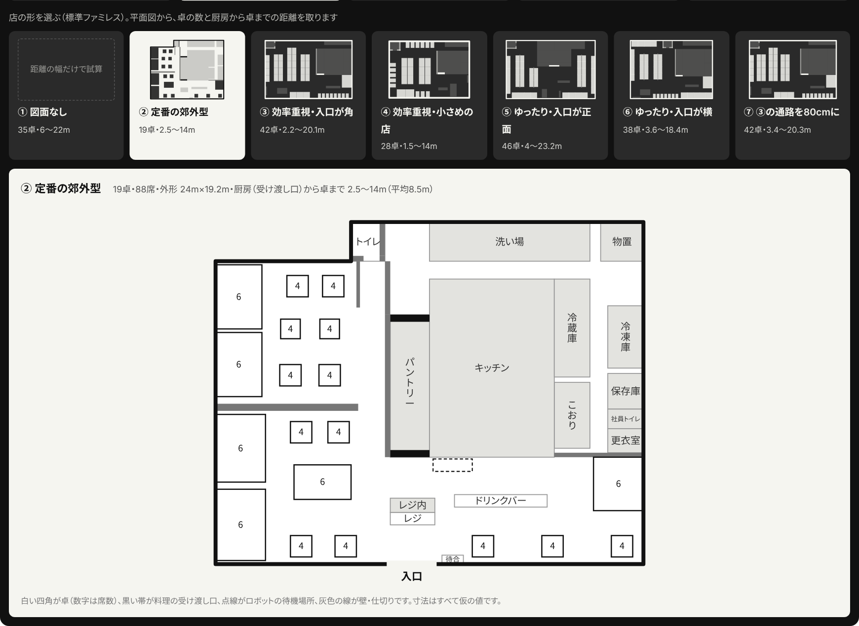 試算ページの店の形の欄。①図面なしと②〜⑦の平面図のカードが並び、押した②の大きな図面が下に出ている