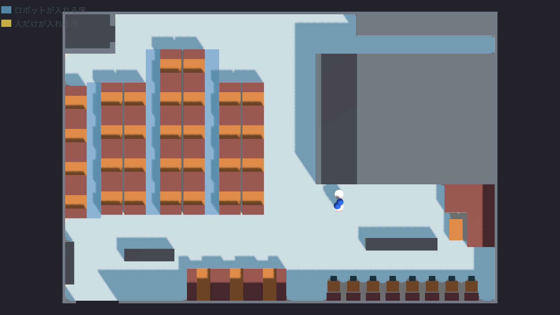 Unity で建てた⑦を真上から見た画面。③と同じ卓の並びで、列の間の通路だけが0.8mに狭まっている