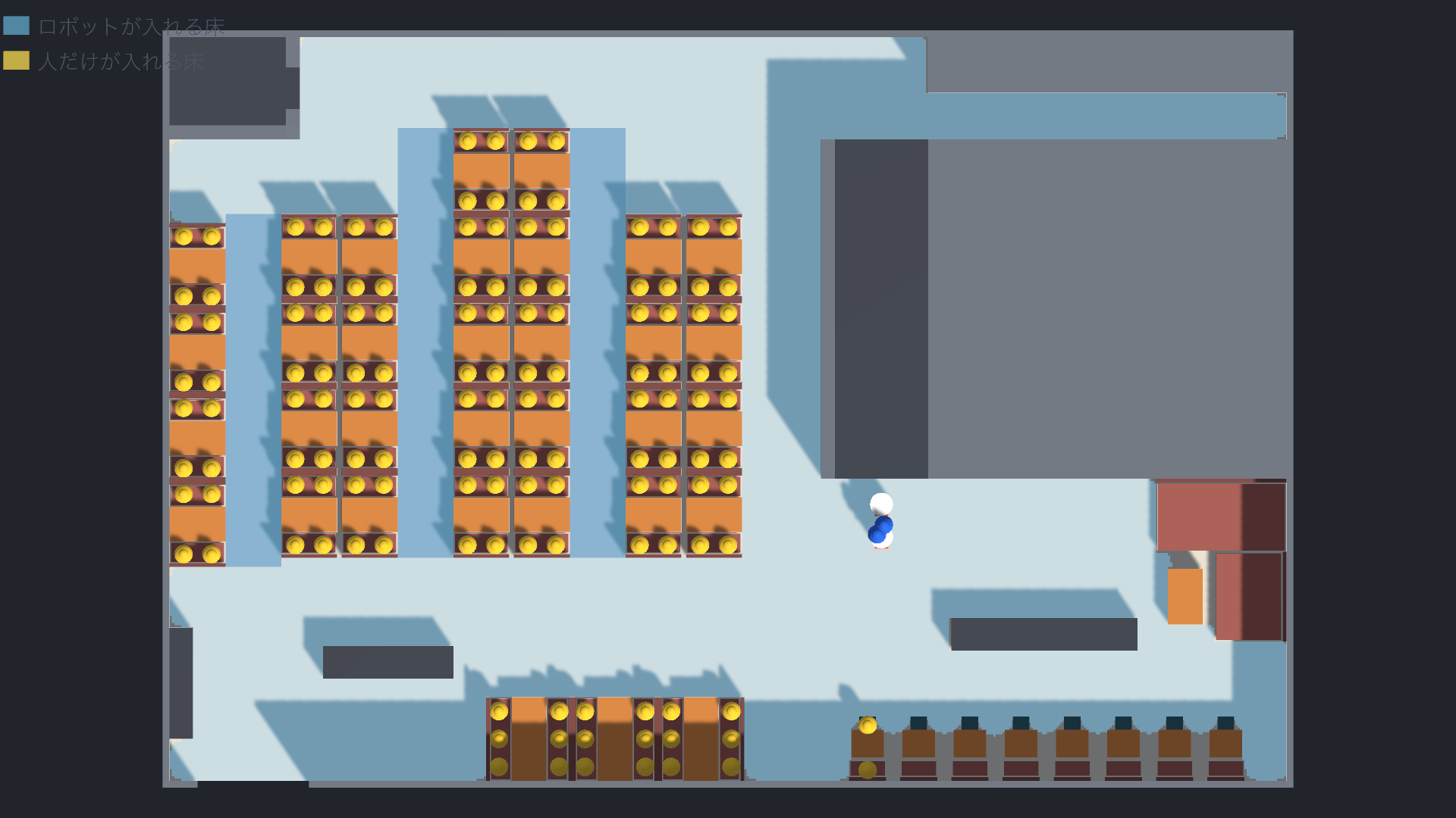 真上から見た③の店（cs:121 のあと Build Store で書き出した画像）。ベンチの外側のふちに背もたれが並び、座面に黄色の客の頭が丸く並んでいる