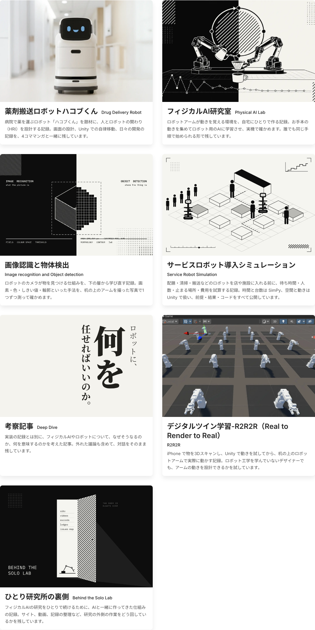 作り直したあとのトップのシリーズのカード7枚。日本語の名前が先に大きく、説明も日本語。考察記事のカードは縦書きの問い「ロボットに、何を任せればいいのか。」になっている