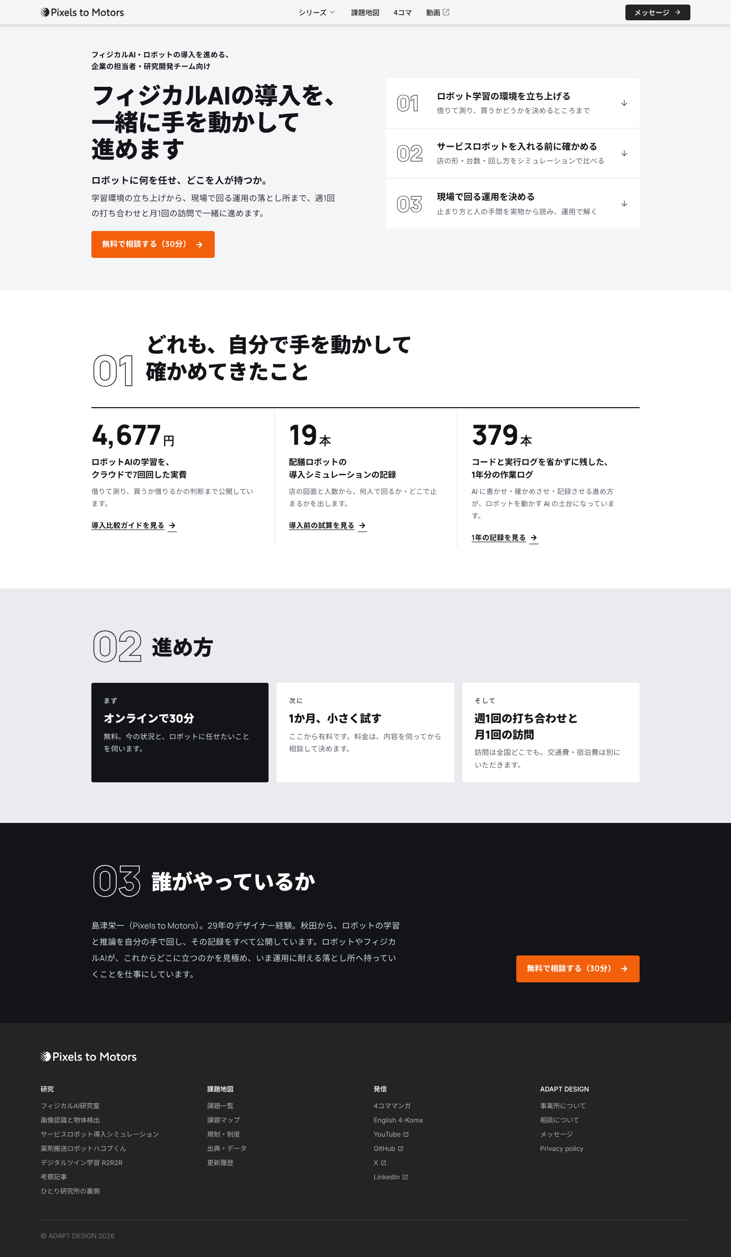 公開した相談のページ(/consult)の全体。最初の画面、根拠の数字、進め方、誰がやっているかの順に並ぶ