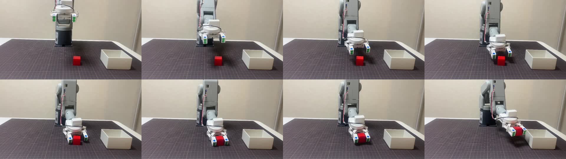 1回目を横から撮った動画のコマ（12秒おき）。上の段の左から、動き始め・ブロックへ下りる・爪を閉じる前・つかむ所、下の段は、持ち上げて箱の方へ運び、右下で箱の上に来ている