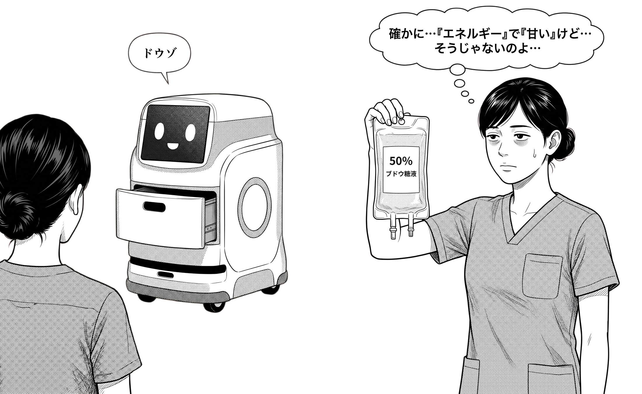 縦長 4:5 で描き直した第13話の3コマ目と4コマ目。3コマ目は大城さんの肩越しにハコブくんがドロワーを開けて「ドウゾ」と言い、中身は見えない。4コマ目で大城さんが50%ブドウ糖液のバッグを持ち上げ、遠い目でつっこむ