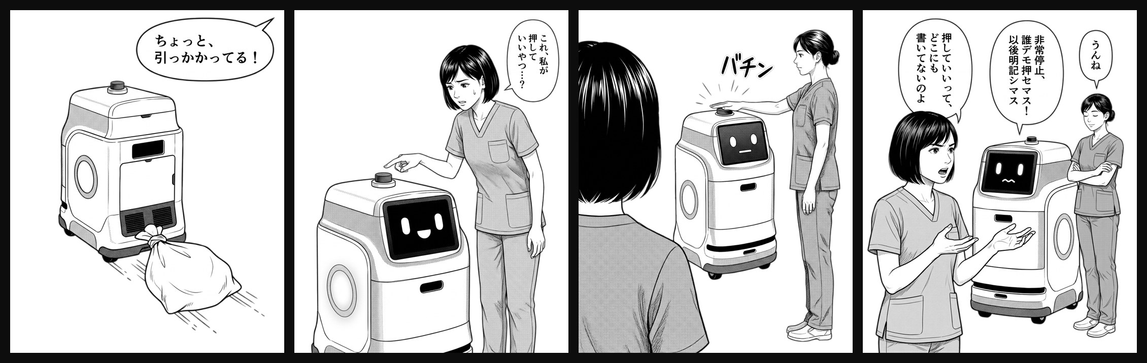 Gemini の API で描き、背景を白にして仕上げた第61話の4コマ。袋を引っかけたハコブくん、停止ボタンの前で指が止まる高杉さん、無言で押す大城さん、3人の会話のオチ