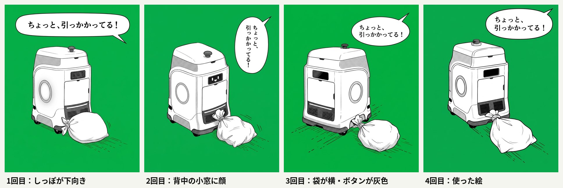 1コマ目を4回描いた絵。しっぽが下を向いた1回目、背中の小窓に顔が出た2回目、袋が横に付いてボタンが灰色の3回目、袋が真後ろでボタンがそろった4回目