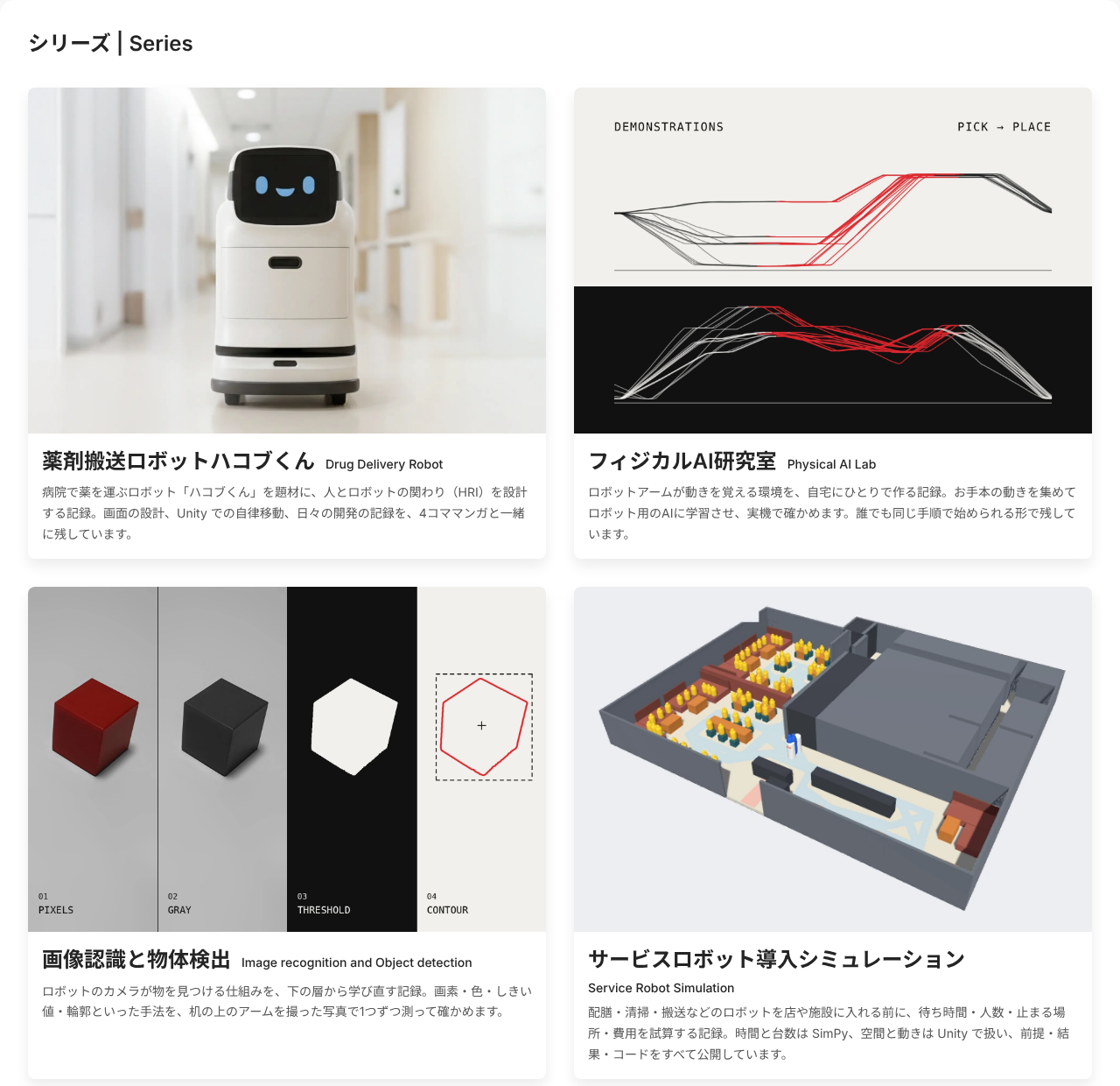 作り直したあとのトップのシリーズのカード。左上はハコブくんの写真、右上はお手本の動きの線を上は白・下は黒の面に重ねた図、左下は赤い箱の写真が画素・白黒・しきい値・輪郭と4列で処理されていく図、右下は Unity で作ったファミレスの店を斜め上から見た画面