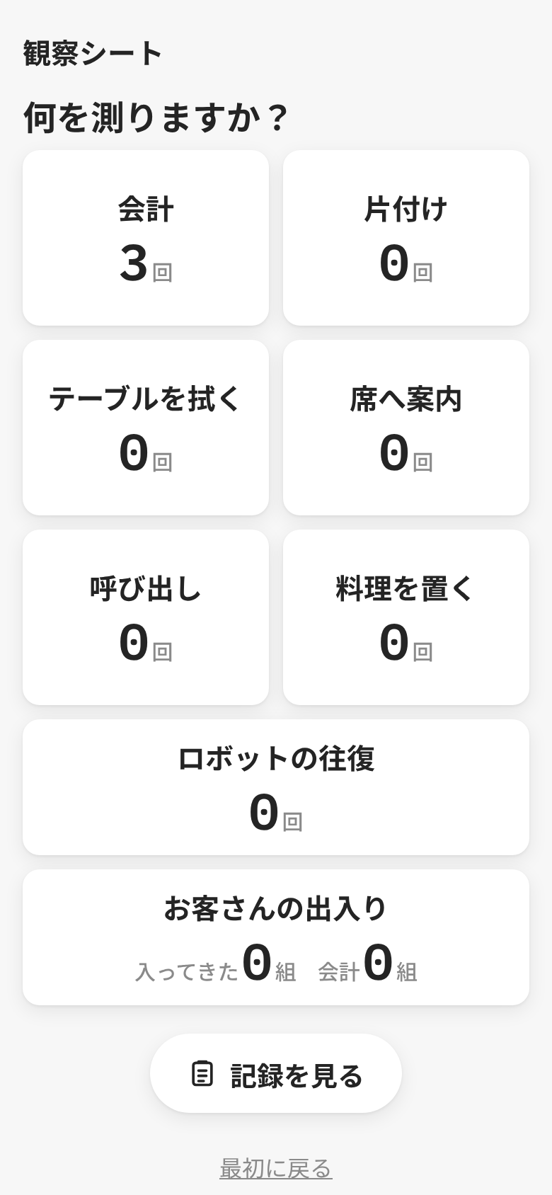 何を測りますか?の画面。会計・片付け・テーブルを拭く・席へ案内・呼び出し・料理を置くの6枚のカードに回数を大きく出し、ロボットを入れている店ではロボットの往復とお客さんの出入りのカードが続く