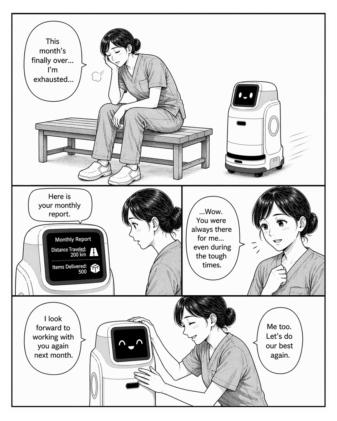 A 4-panel manga showing a tired nurse sitting on a bench while a delivery robot presents a monthly report. As she reviews the distance traveled and items delivered, she reflects on their shared time, expressing gratitude and encouragement to keep working together next month.