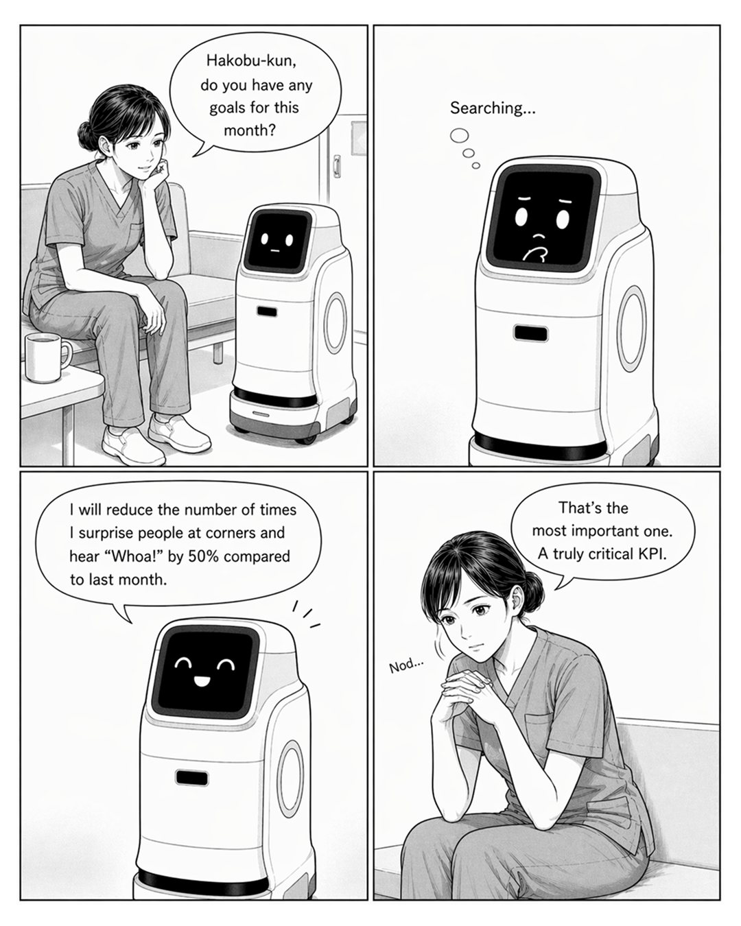 Panel 1: In the break room, nurse Oshiro sits on a bench with her chin in her hand, jokingly asking "Hakobu-kun, do you have any goals for this month?" A mug sits on the nearby table. Panel 2: Hakobu-kun displays "Searching…" with a worried, thoughtful face, clearly taking the question seriously. Panel 3: Hakobu-kun declares with a bright, determined smile: "I will reduce the number of times I surprise people at corners and hear 'Whoa!' by 50% compared to last month." Panel 4: Oshiro nods deeply with a serious expression and replies "That's the most important one. A truly critical KPI." A small "Nod…" sound effect is shown.