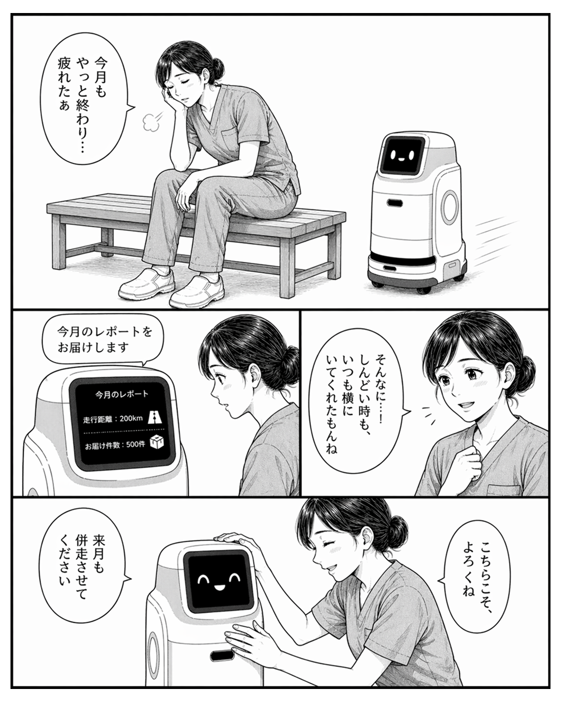 ベンチに座って疲れた様子の看護師に、搬送ロボットが月間レポートを見せる4コマ漫画。走行距離や搬送件数を見て、看護師がロボットとの時間を振り返り、感謝と共に来月も一緒に頑張ろうと語りかける心温まるシーン。