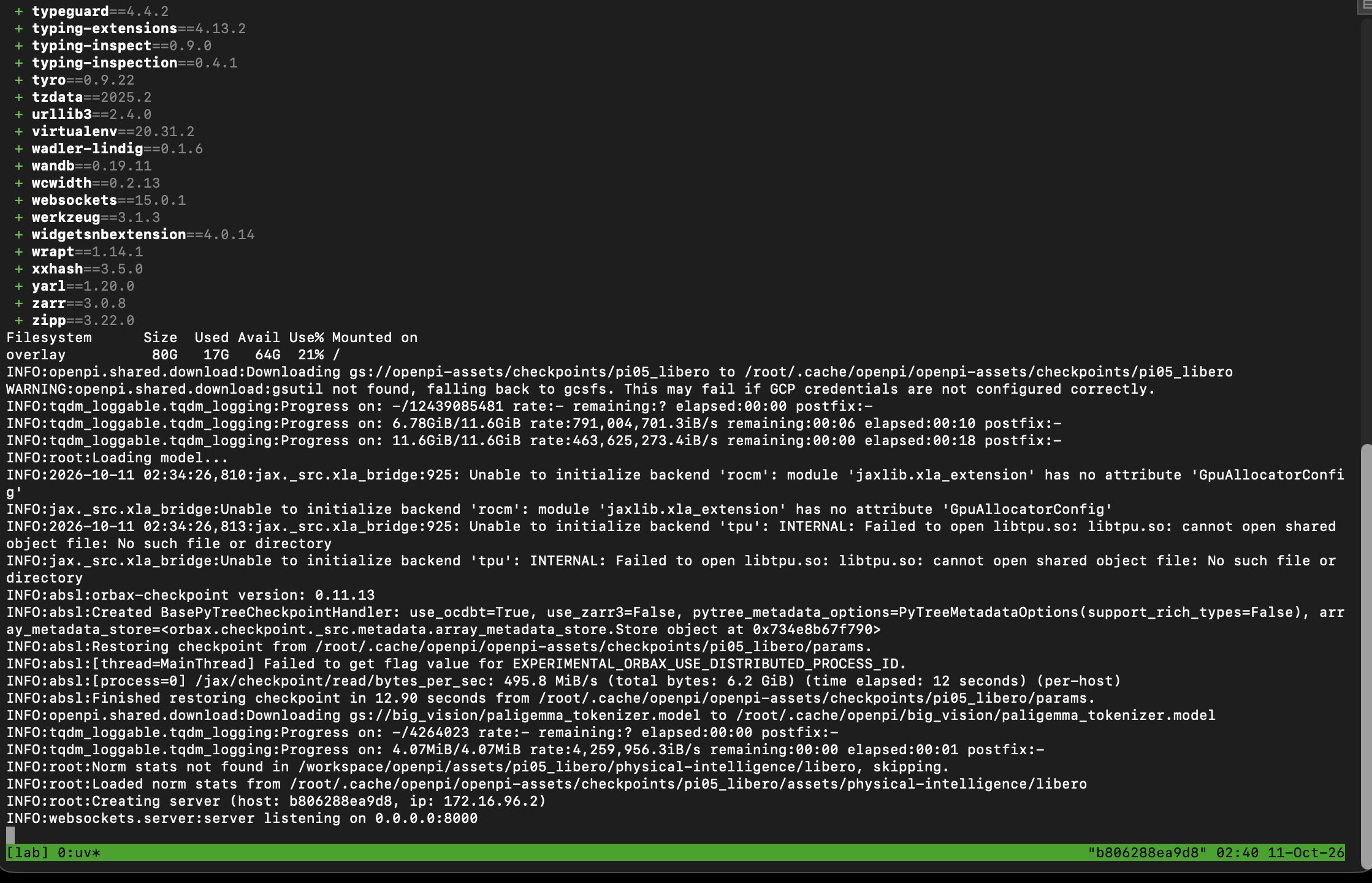 フィジカルAI研究室を作る Log#3 | Physical Intelligenceπ0.5をシミュレータで評価し、本当に必要なGPUメモリを測る|π0.5-LIBERO のサーバーは 11.6GiB を18秒でダウンロードし、12.90秒で読み込んだ
