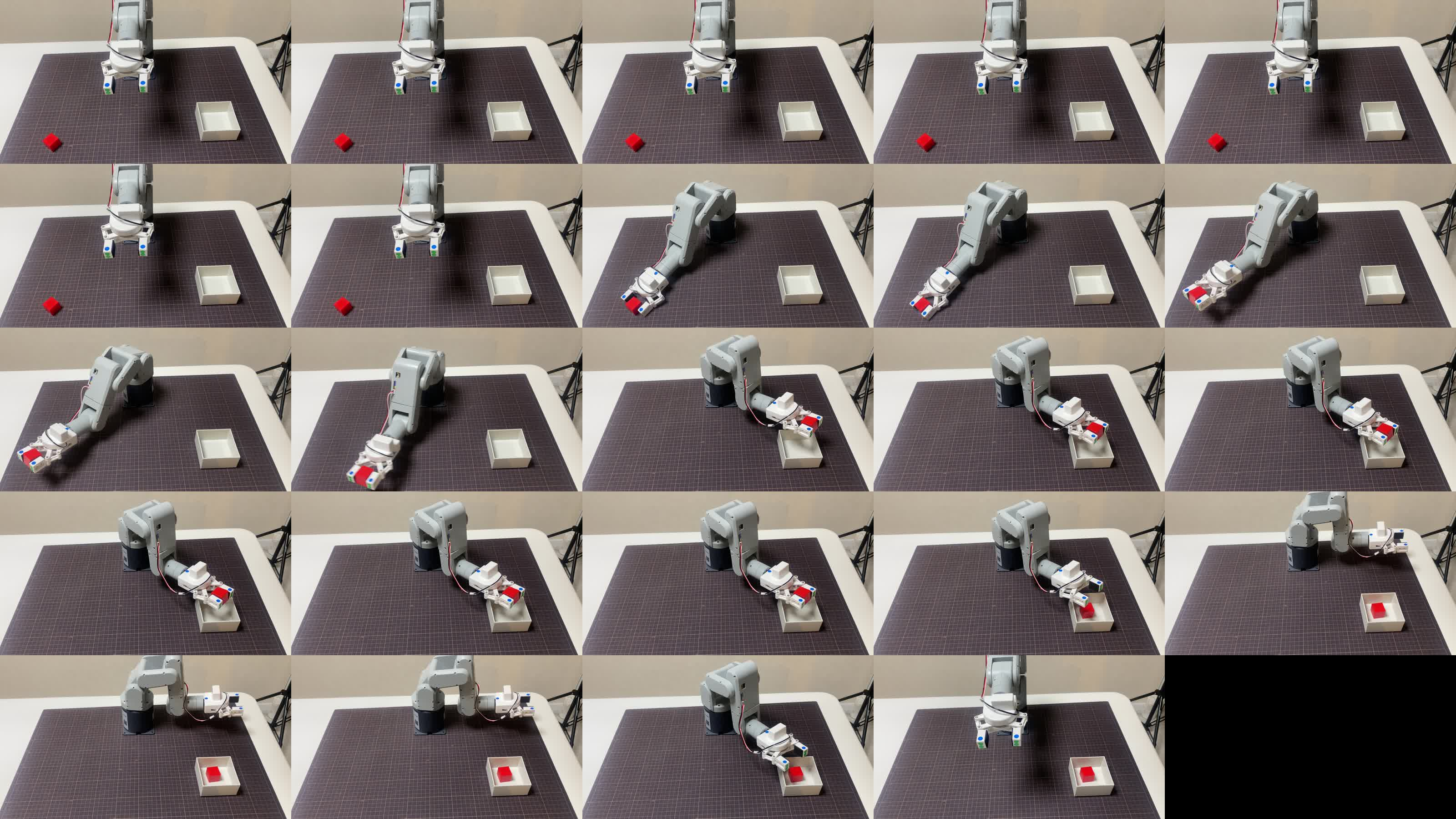 フィジカルAI研究室を作る Log#4 | Physical Intelligenceπ0.5を mechArm 270 のデモで追加学習し、Mac で予測を受け取るまで|比較の基準として、既存のスクリプトで「赤ブロックを白箱へ」を横から撮影した